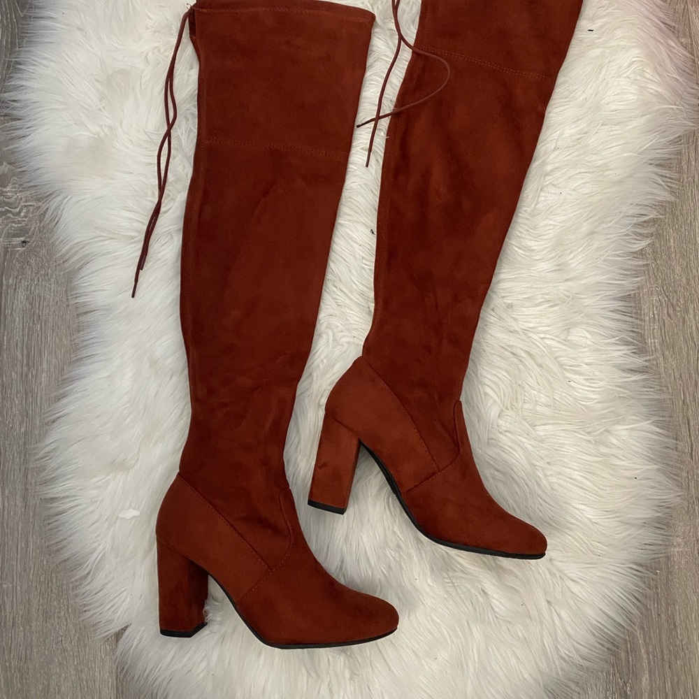 Rust red thigh high boots